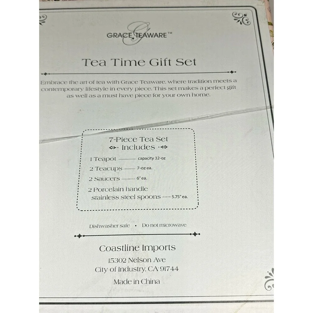 Grace Teaware Pink Vintage Rose 7 Piece Tea Time Gift Set Teapot Cups Saucers Ne